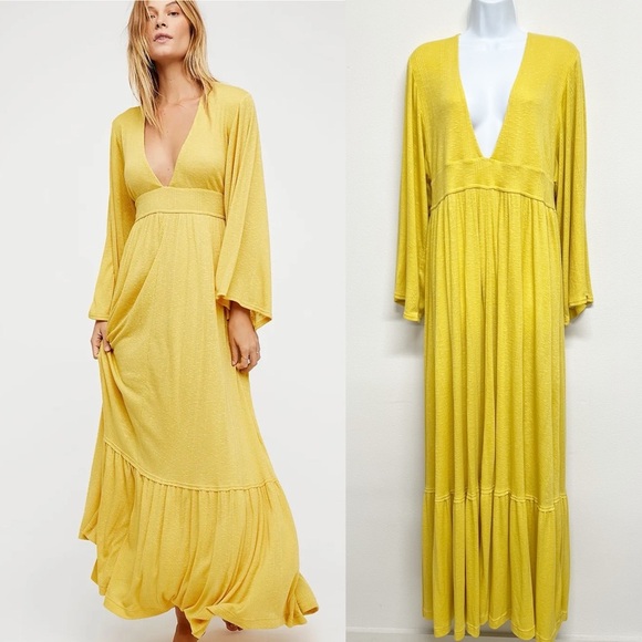 Free People Beach Womens Yellow Moon Walkin Layered Maxi Dress Size Medium - Picture 1 of 7